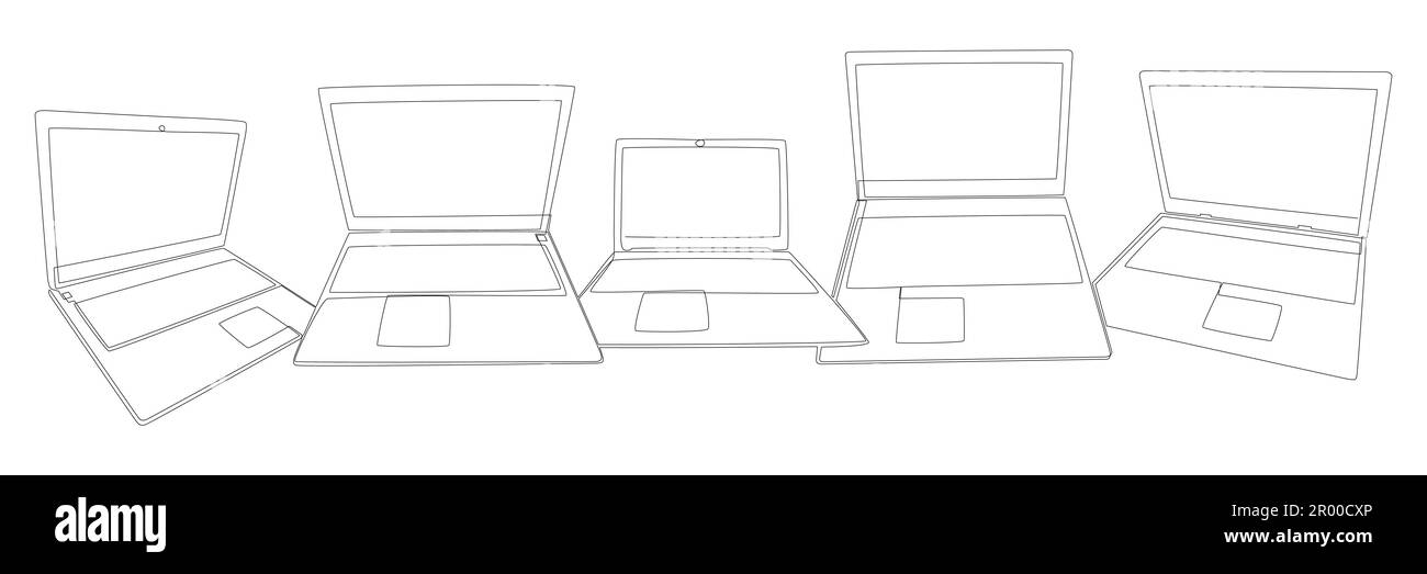 Three Lines Computer One continuous line of Laptops. Thin Line Illustration vector portable ...