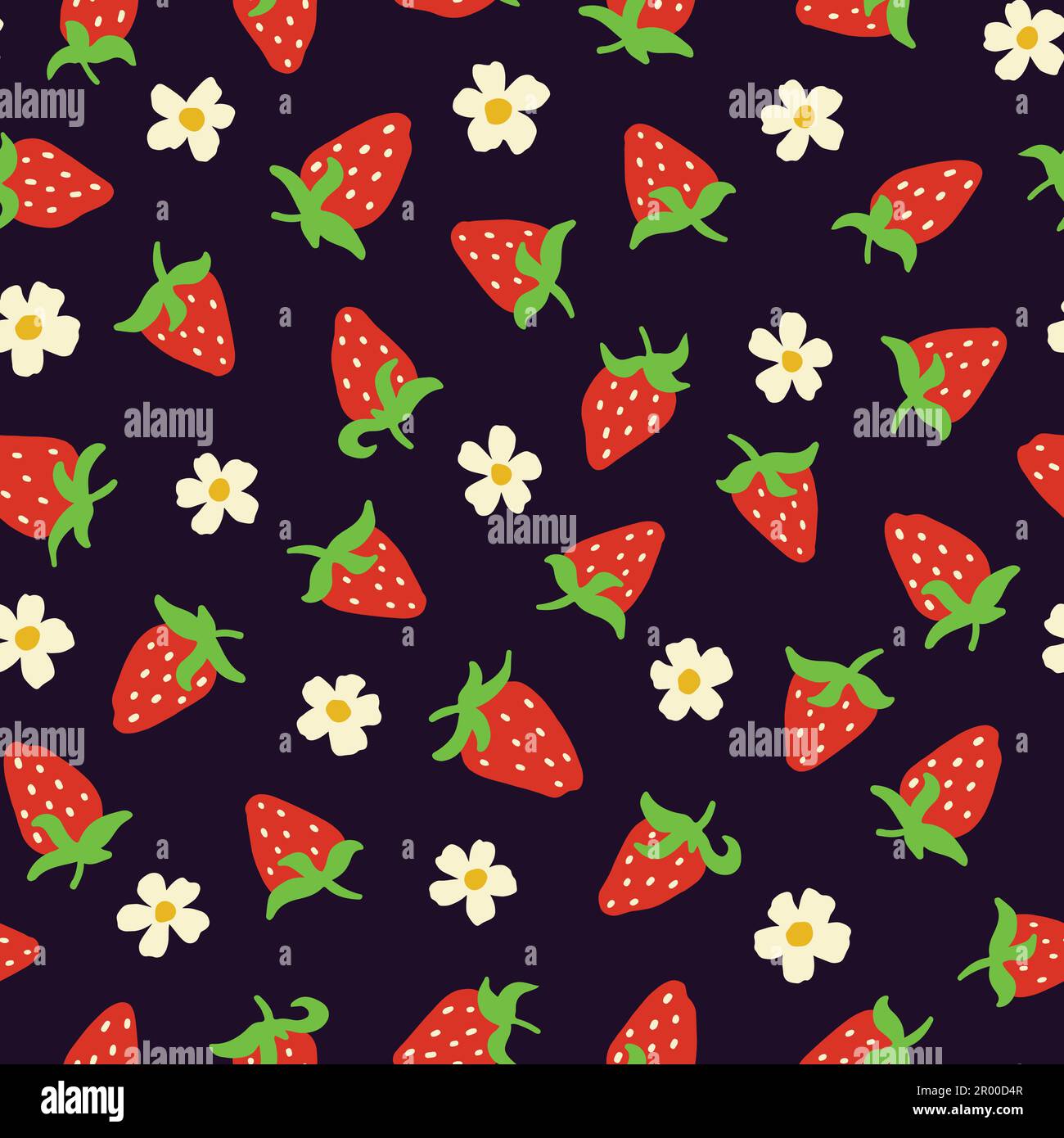 Seamless vector pattern with strawberries and flowers on a dark background. Textile, packaging, wrap. Vector illustration Stock Vector