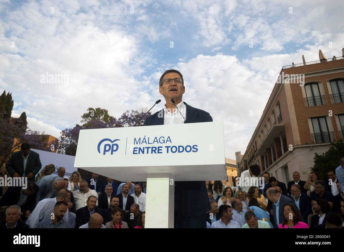 Malaga, Spain. 05th May, 2023. Spanish Popular Party leader Alberto Nunez Feijoo is seen delivering a speech as he takes part in an electoral pre-campaign event. The president of the Spanish Popular Party, Alberto Nunez Feijoo, has begun a tour of pre-election events in several cities across the country to support the Popular Party's candidates for the upcoming municipal elections. The results of the municipal elections on May 28th could influence the vote in the Spanish general elections at the end of the year. (Photo by Jesus Merida/SOPA Images/Sipa USA) Credit: Sipa USA/Alamy Live News Stock Photo