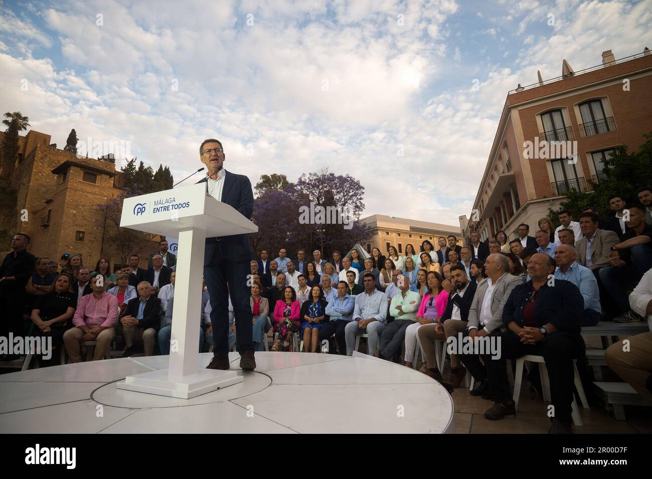Malaga, Spain. 05th May, 2023. Spanish Popular Party leader Alberto Nunez Feijoo is seen delivering a speech as he takes part in an electoral pre-campaign event. The president of the Spanish Popular Party, Alberto Nunez Feijoo, has begun a tour of pre-election events in several cities across the country to support the Popular Party's candidates for the upcoming municipal elections. The results of the municipal elections on May 28th could influence the vote in the Spanish general elections at the end of the year. (Photo by Jesus Merida/SOPA Images/Sipa USA) Credit: Sipa USA/Alamy Live News Stock Photo