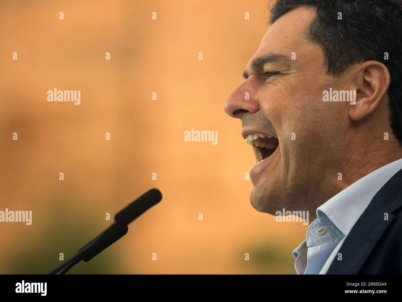 Malaga, Spain. 05th May, 2023. Andalusian regional president Juanma Moreno is seen delivering a speech as he takes part during an electoral pre-campaign event. The president of the Spanish Popular Party, Alberto Nunez Feijoo, has begun a tour of pre-election events in several cities across the country to support the Popular Party's candidates for the upcoming municipal elections. The results of the municipal elections on May 28th could influence the vote in the Spanish general elections at the end of the year. Credit: SOPA Images Limited/Alamy Live News Stock Photo