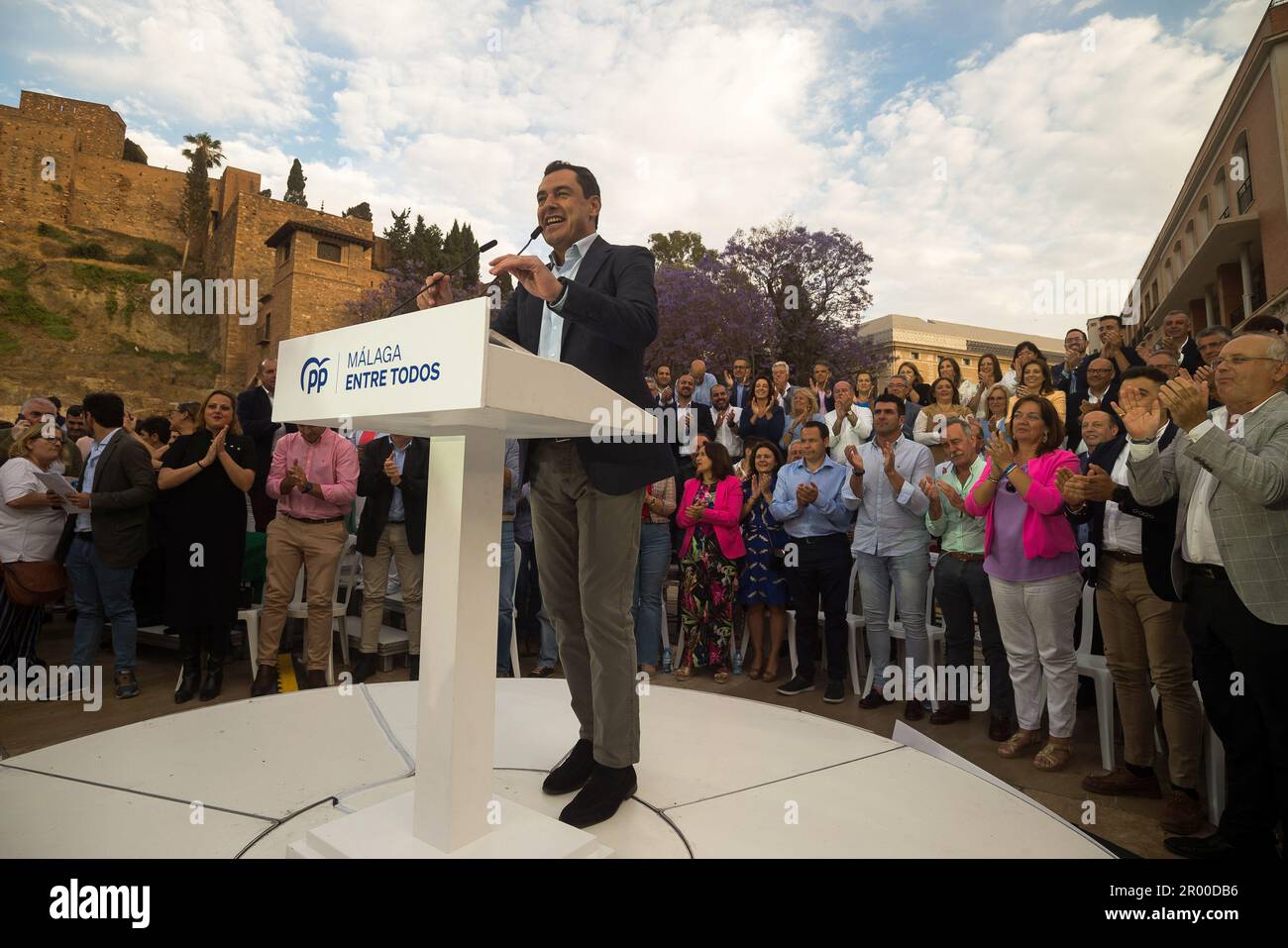 Malaga, Spain. 05th May, 2023. Andalusian regional president Juanma Moreno is seen delivering a speech as he takes part during an electoral pre-campaign event. The president of the Spanish Popular Party, Alberto Nunez Feijoo, has begun a tour of pre-election events in several cities across the country to support the Popular Party's candidates for the upcoming municipal elections. The results of the municipal elections on May 28th could influence the vote in the Spanish general elections at the end of the year. Credit: SOPA Images Limited/Alamy Live News Stock Photo