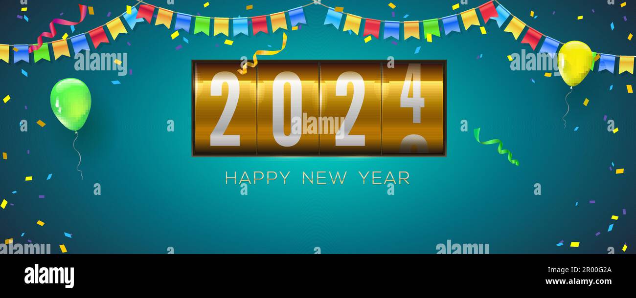 Happy New Year 2024. Analog rotated scoreboard. Background decorated hanging pennants Stock Vector