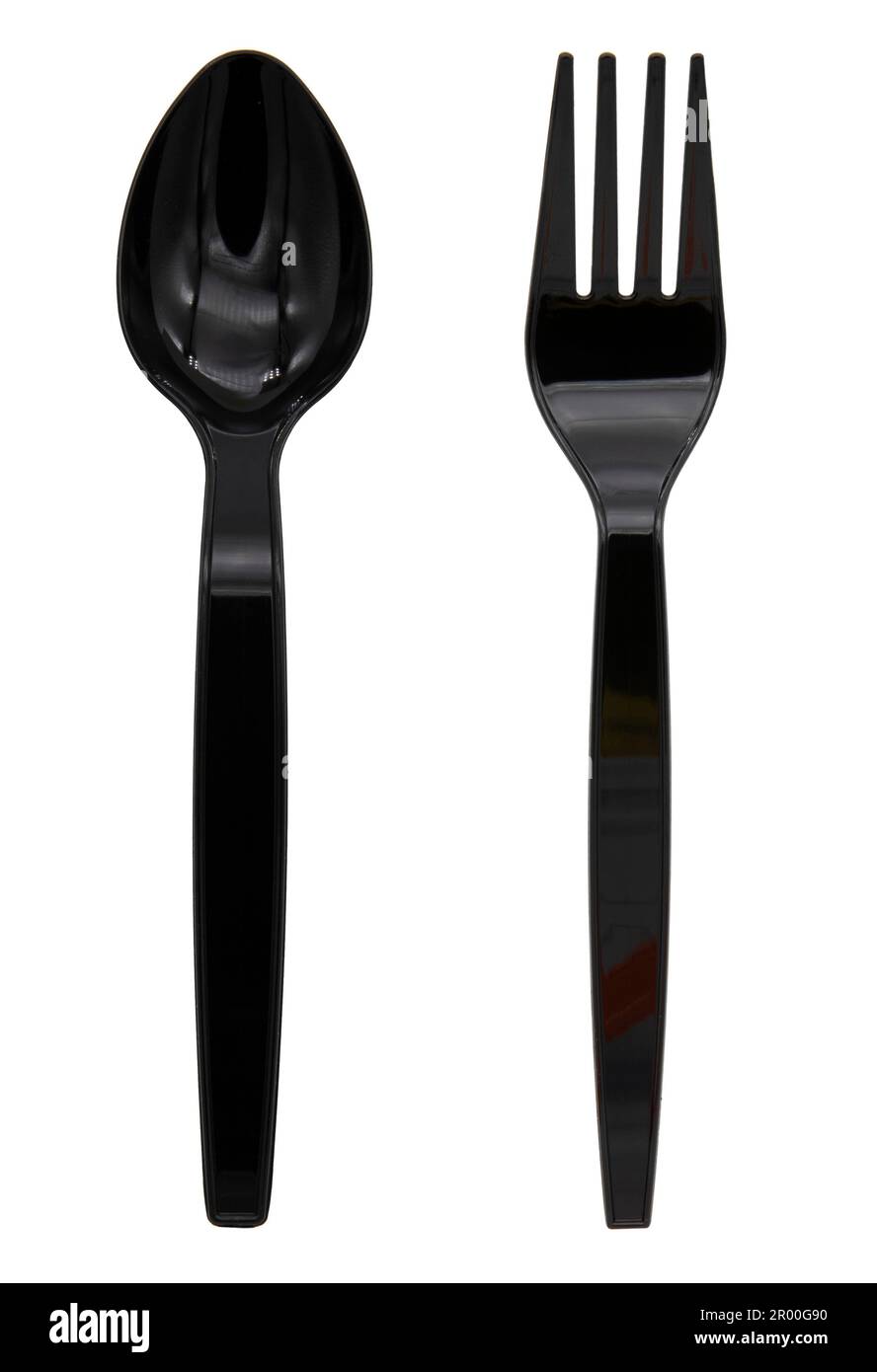Black plastic spoon and fork isolated on white background Stock Photo