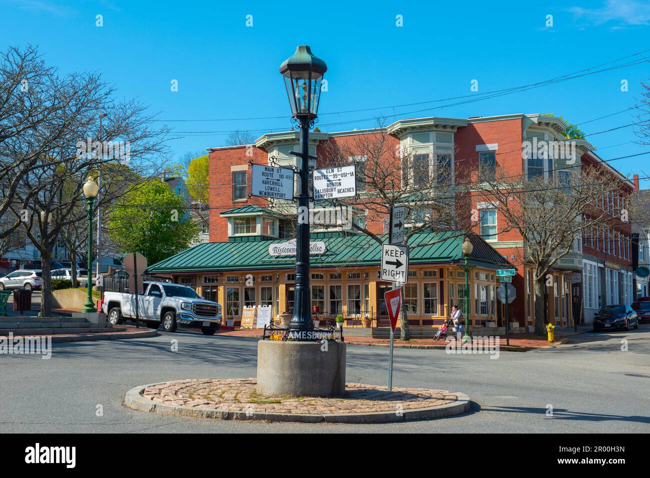 Historic commercial buildings on Main Street in historic city center of Amesbury, Massachusetts