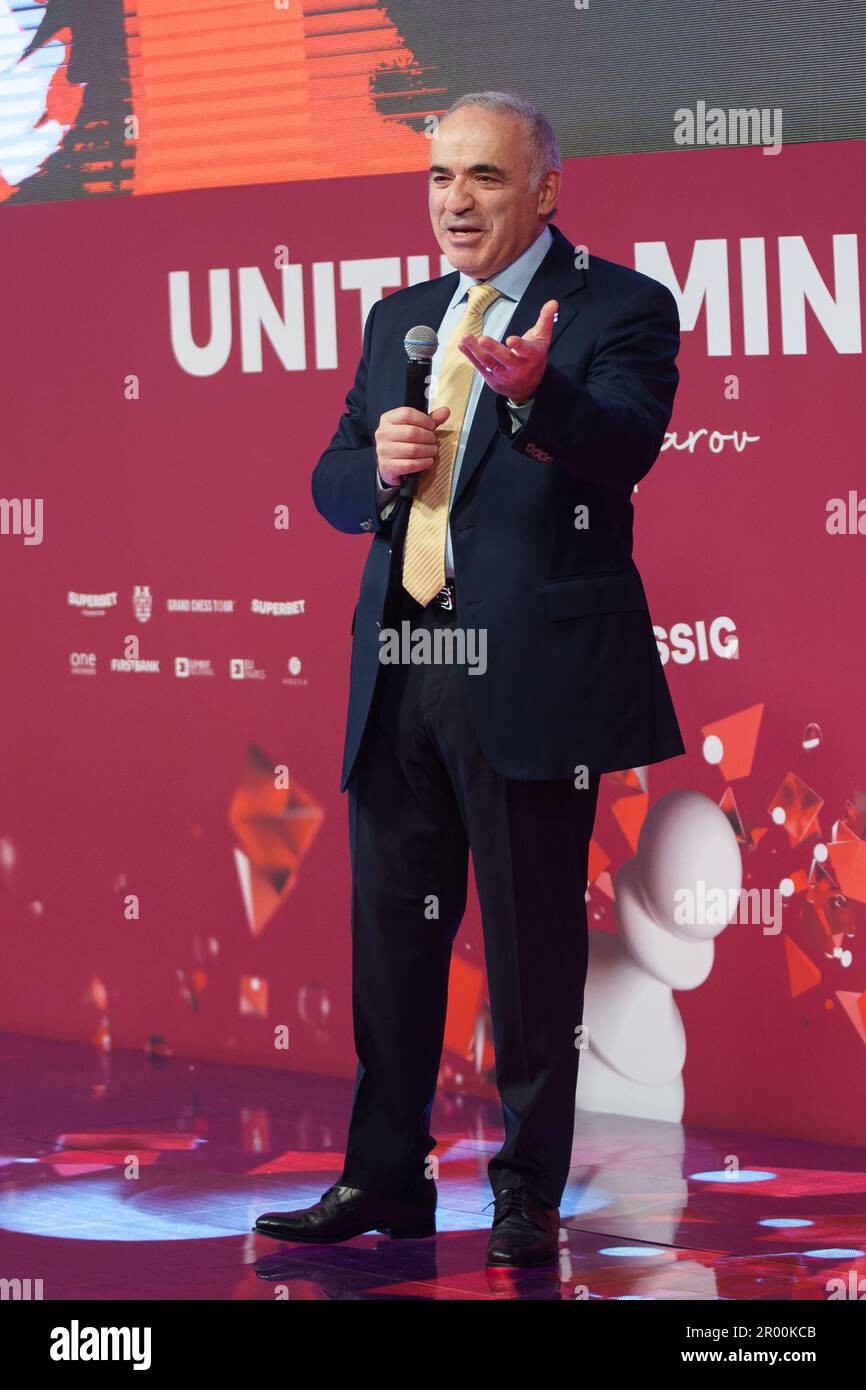 Bucharest, Romania. 5th May, 2023: Garry Kasparov, former Russian chess grandmaster, the best chess player of all time, answer the questions in a press conference during the opening ceremony of the Superbet Chess Classic Romania 2023, the first stage of the Grand Chess Tour 2023 circuit, held in Bucharest on on May 5th, 2023. During the 10 days of the tournament, May 5-15, ten of the best FIDE rated players will compete. Credit: Lucian Alecu/Alamy Live News Stock Photo