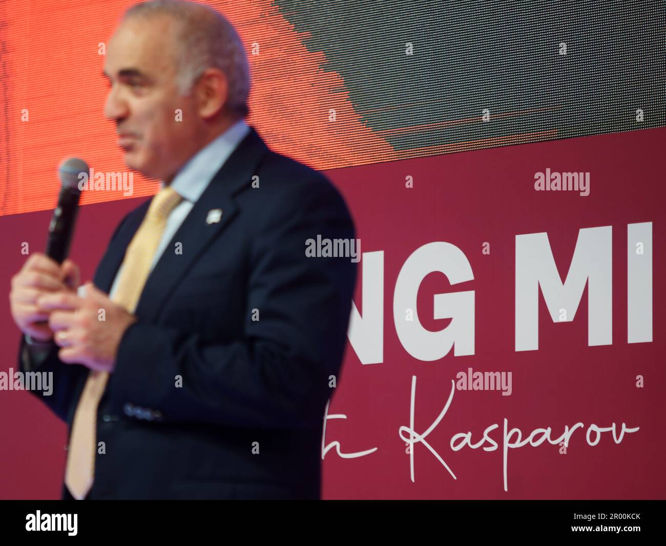 Bucharest, Romania. 5th May, 2023: Garry Kasparov, former Russian chess grandmaster, the best chess player of all time, answer the questions in a press conference during the opening ceremony of the Superbet Chess Classic Romania 2023, the first stage of the Grand Chess Tour 2023 circuit, held in Bucharest on on May 5th, 2023. During the 10 days of the tournament, May 5-15, ten of the best FIDE rated players will compete. Credit: Lucian Alecu/Alamy Live News Stock Photo