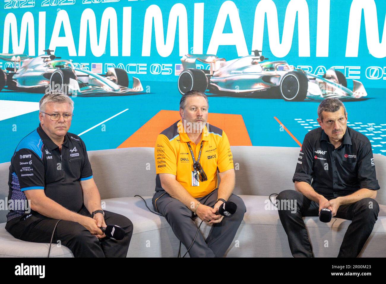 5th May 2023: Miami International Autodrome, Miami Gardens, Florida, USA: Formula 1 Crypto.com Miami Grand Prix 2023: Free Practice Day: From left, Alpine team principal Otmar Szafnauer, McLaren Chief Executive Officer Zak Brown and Haas team principal Guenther Steiner talk with the media during a press conference. Stock Photo
