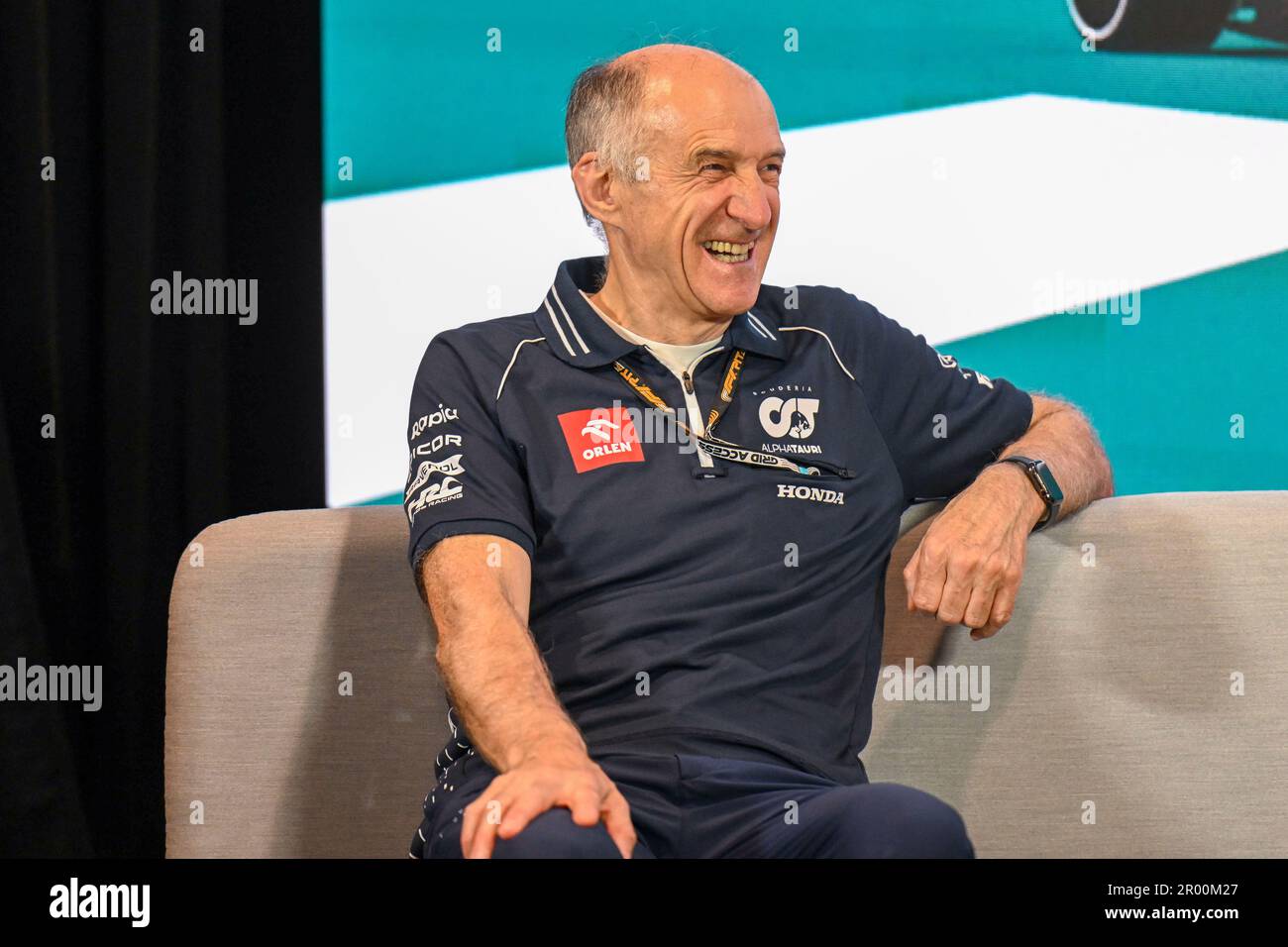 5th May 2023: Miami International Autodrome, Miami Gardens, Florida, USA:  Formula 1 Crypto.com Miami Grand Prix 2023: Free Practice Day: AlphaTauri  team principal Franz Tost laughs as he talks with the media