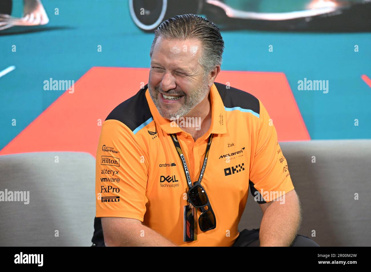 5th May 2023: Miami International Autodrome, Miami Gardens, Florida, USA: Formula 1 Crypto.com Miami Grand Prix 2023: Free Practice Day: McLaren Chief Executive Officer Zak Brown laughs as he talks with the media during a press conference. Stock Photo