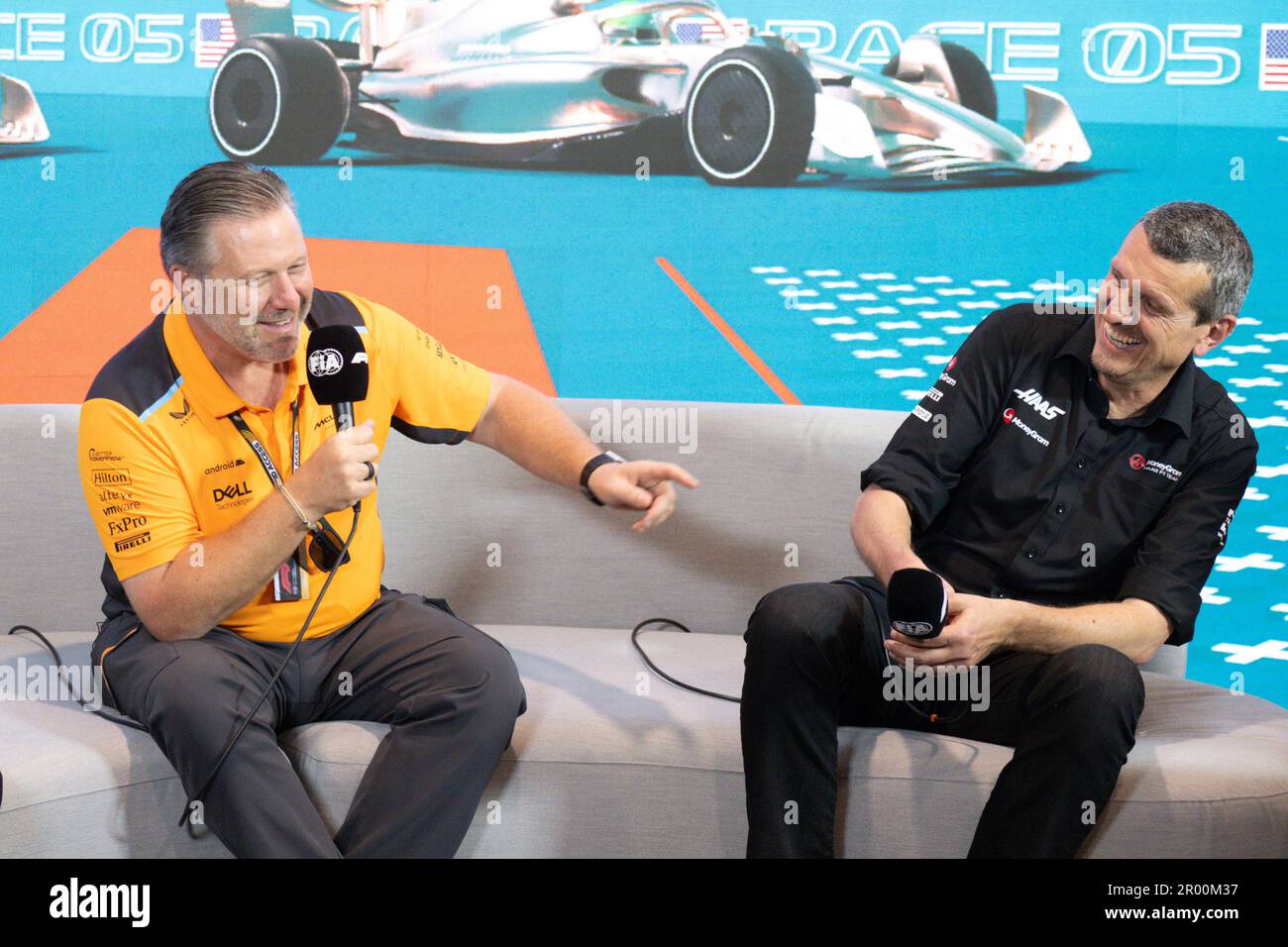 5th May 2023: Miami International Autodrome, Miami Gardens, Florida, USA: Formula 1 Crypto.com Miami Grand Prix 2023: Free Practice Day: McLaren Chief Executive Officer Zak Brown and Haas team principal Guenther Steiner laugh as they talk with the media during a press conference. Stock Photo