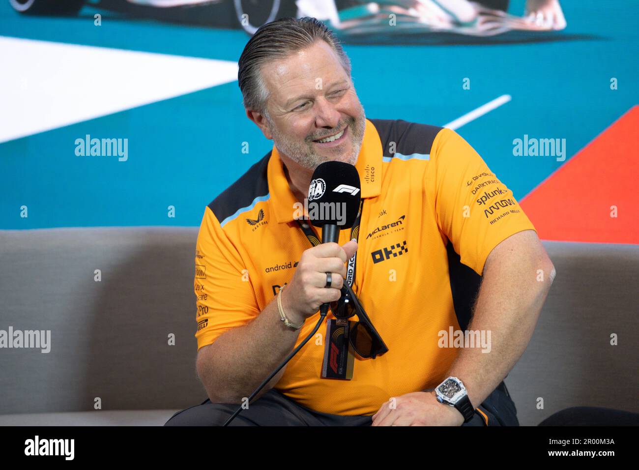 5th May 2023: Miami International Autodrome, Miami Gardens, Florida, USA: Formula 1 Crypto.com Miami Grand Prix 2023: Free Practice Day: McLaren Chief Executive Officer Zak Brown laughs as he talks with the media during a press conference. Stock Photo
