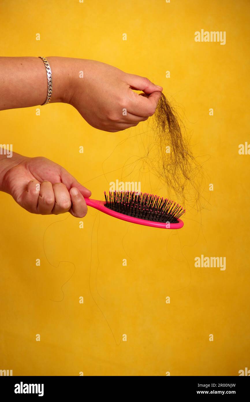 Woman's hands take a hairbrush with many fallen hairs after brushing