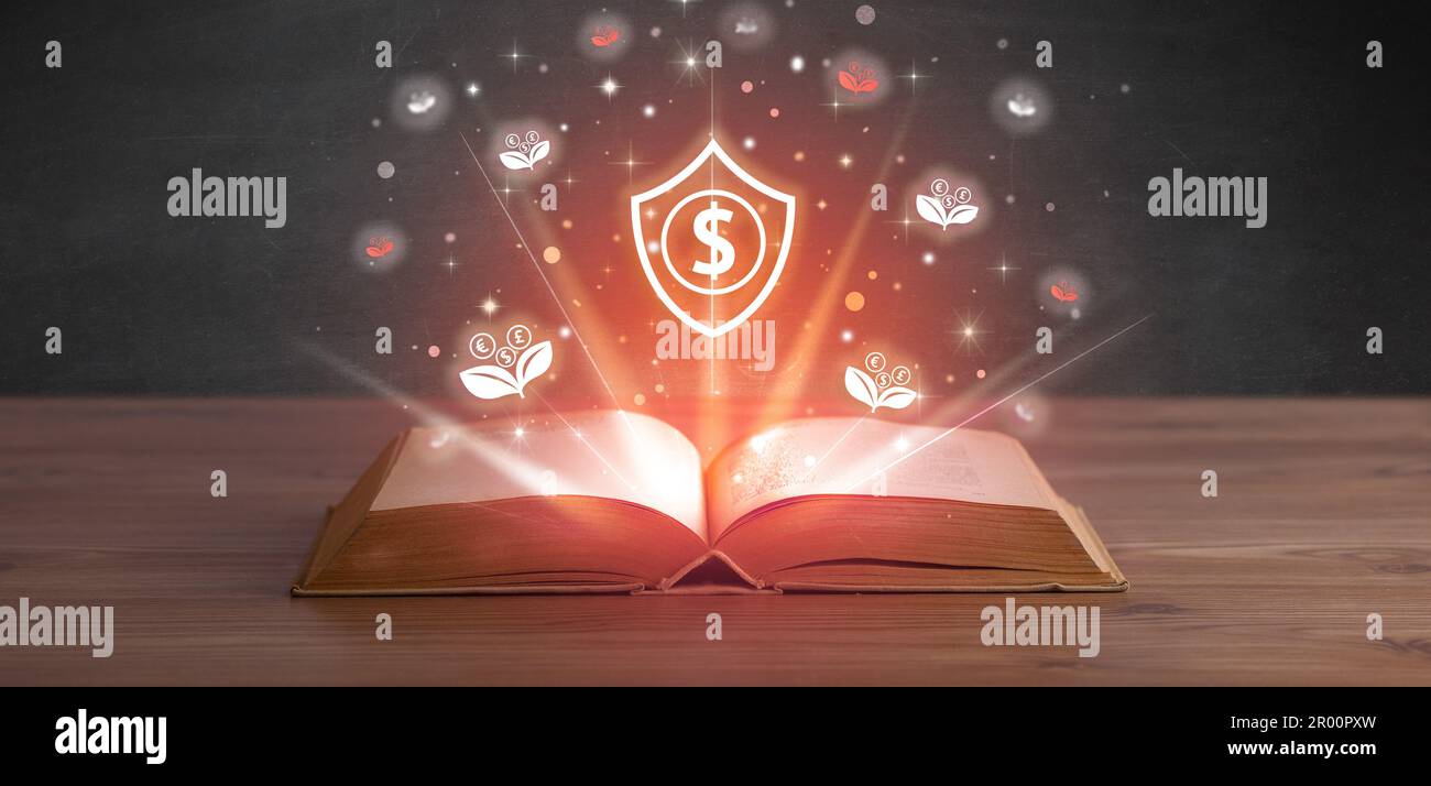 Open book with currency icons above Stock Photo - Alamy