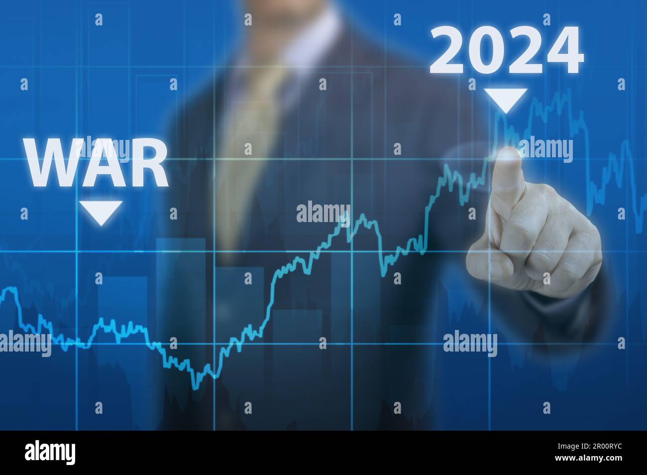 Economic recovery after war. Economy crisis that will affect world in 2023 after Russia invasion of Ukraine. Businessman pointing graph corporate futu Stock Photo