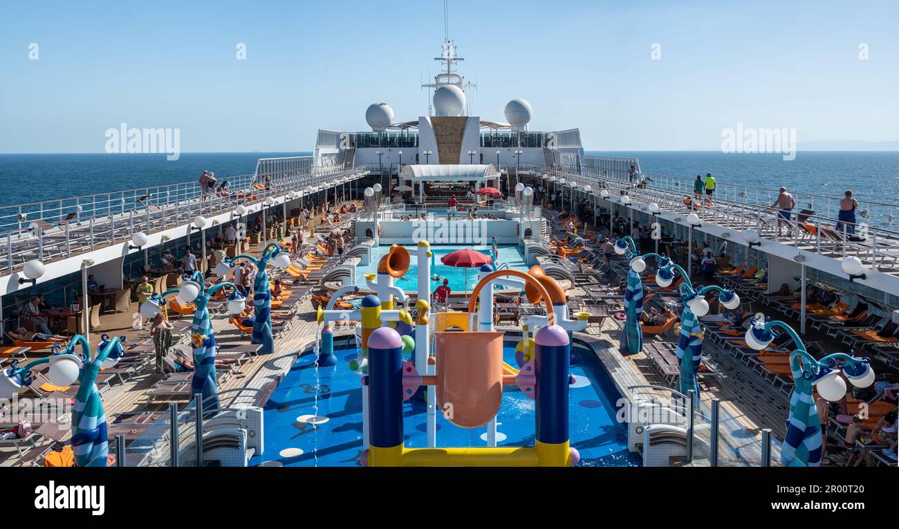 Dubai, United Arab Emirates - April 4, 2023: Cruise ship MSC Opera. Cruise Line MSC, cruise ship MSC Opera sails from port Sir Bani Yas. Beautiful sea Stock Photo