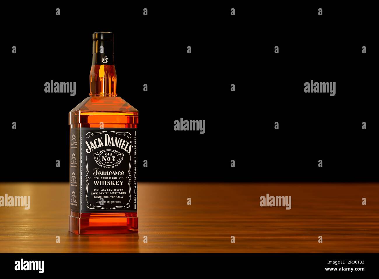 Lynchburg, USA May 3, 2023 Jack Daniels whiskey, whiskey bottle