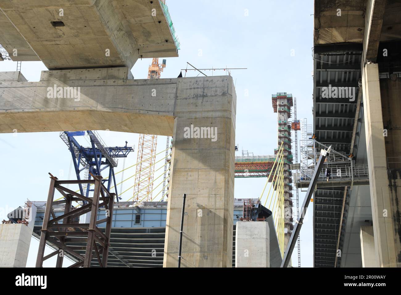 Large construction site. Suspension bridge execution of foundation. Stock Photo