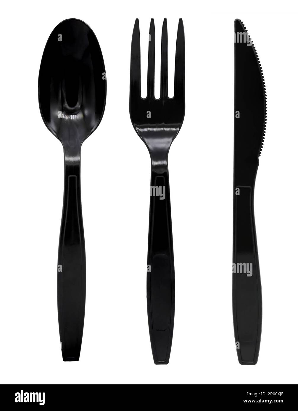 Black plastic spoon fork and knife isolated on white background Stock Photo
