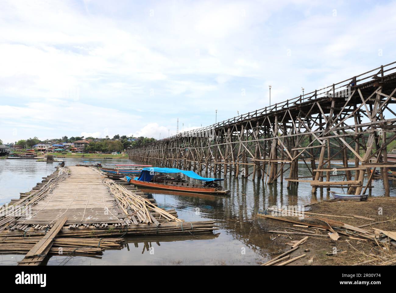 Mon Bridge crossing Songkalia River, the Thailand's longest wooden