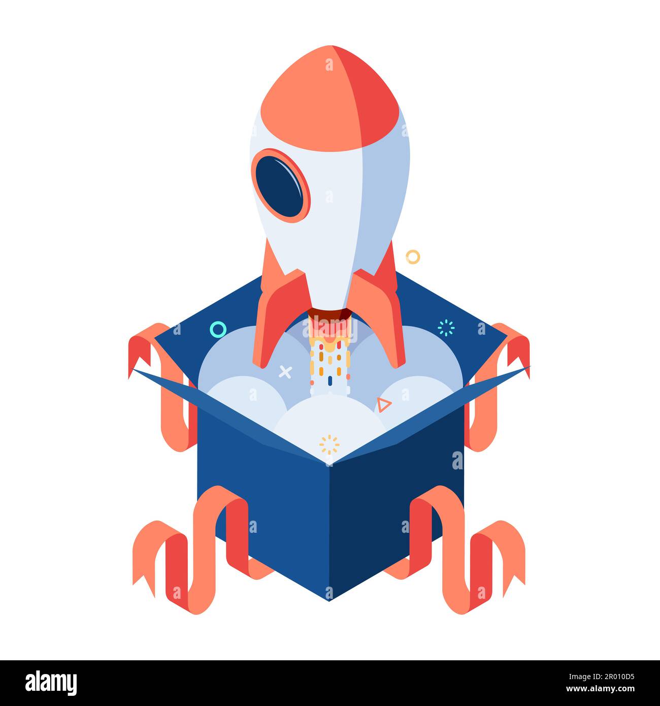 Flat 3d Isometric Rocket Launch from The Opening Box. Start Up Business Concept. Stock Vector