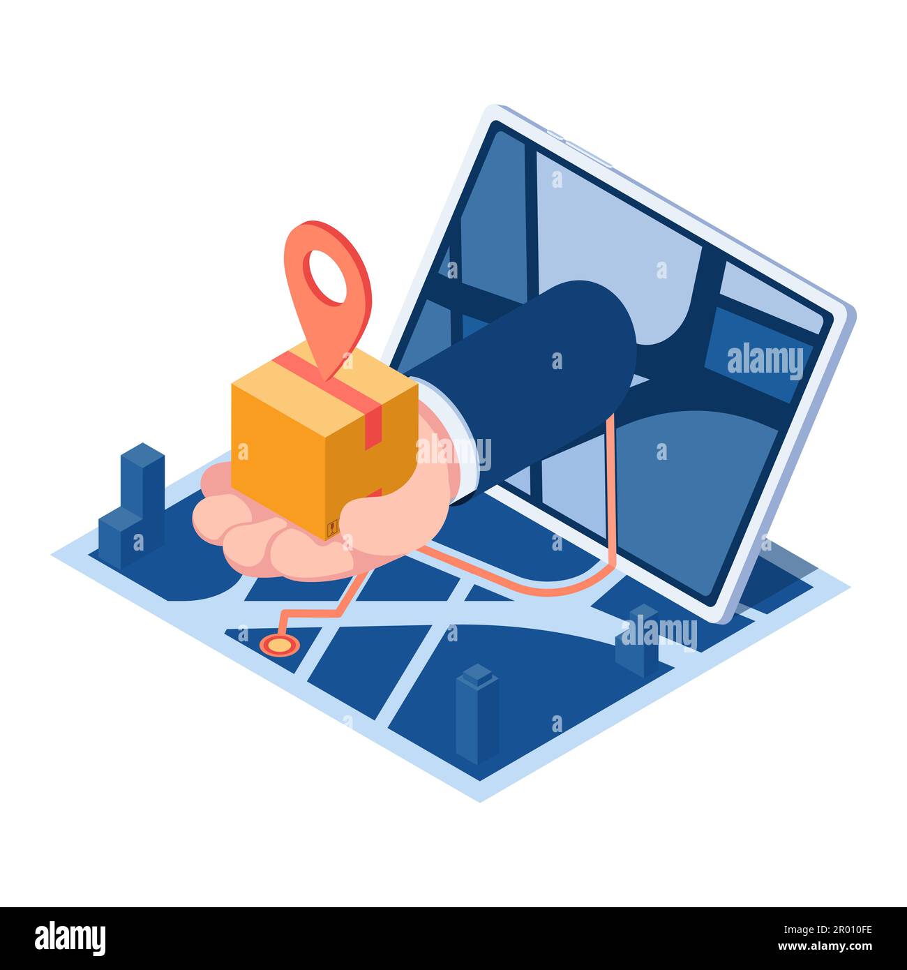 Flat 3d Isometric Hand Delivering Parcel Box on Map with GPS Navigation ...