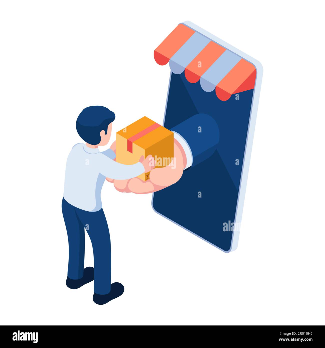 Flat 3d Isometric Man Receiving Parcel from Delivery Service Hand