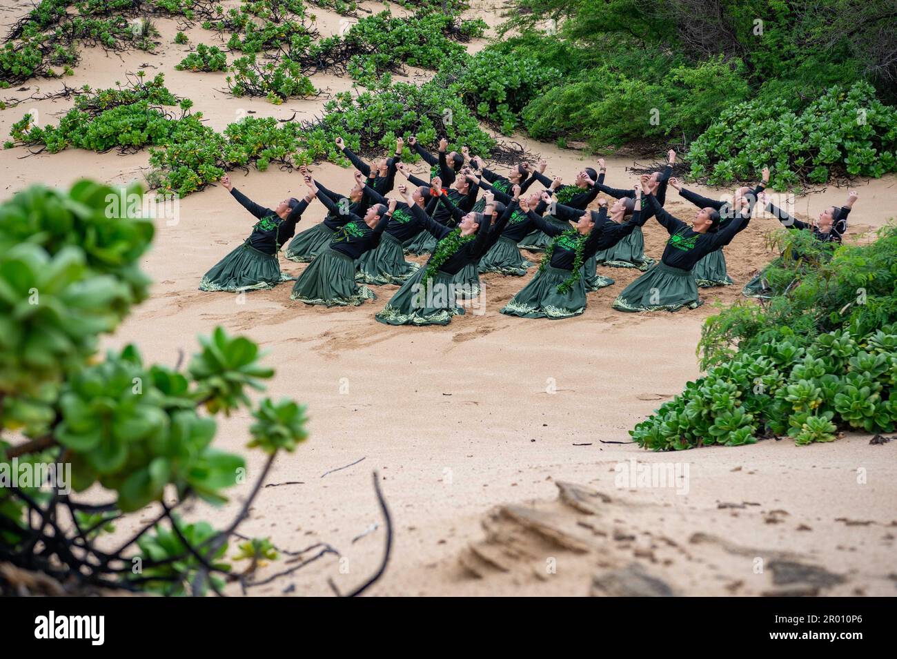 Hawaii, USA. 1st Apr, 2023. Hula haumana (hula students) with Hulau Ka