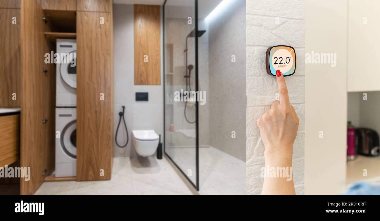 Thermostat indoor smart home in house system for temperature. Winter ...