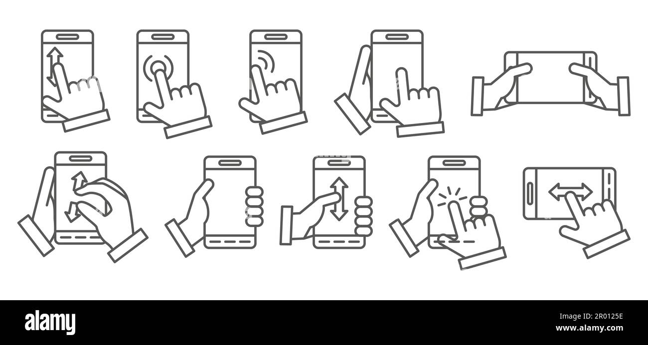 Tap and press on smartphone black icons. Mobile screen touching with  fingers. Menu choice. Application control. Cellphone in arms. Pressing or  pointin Stock Vector Image & Art - Alamy