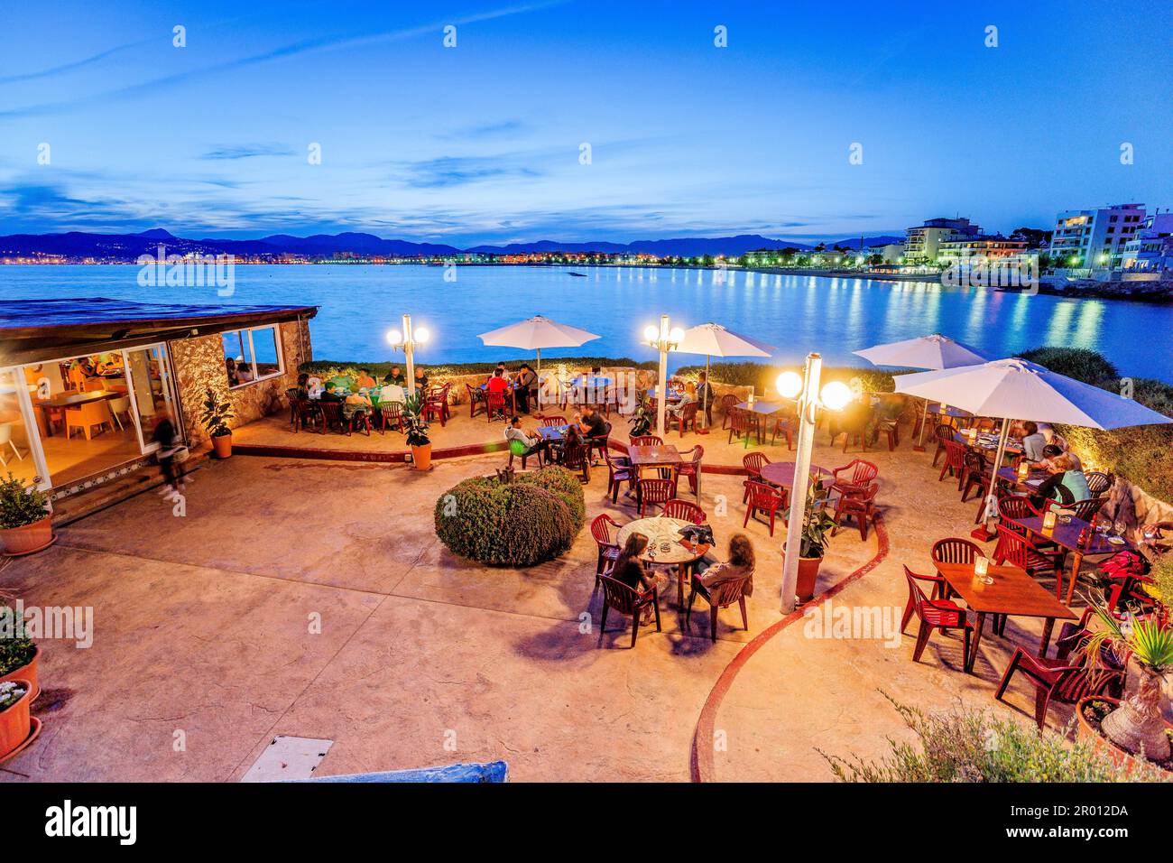 terrace restaurant El Peñon at dusk, Coll Den Rabassa,  Palma, mallorca, balearic islands, spain, europe Stock Photo