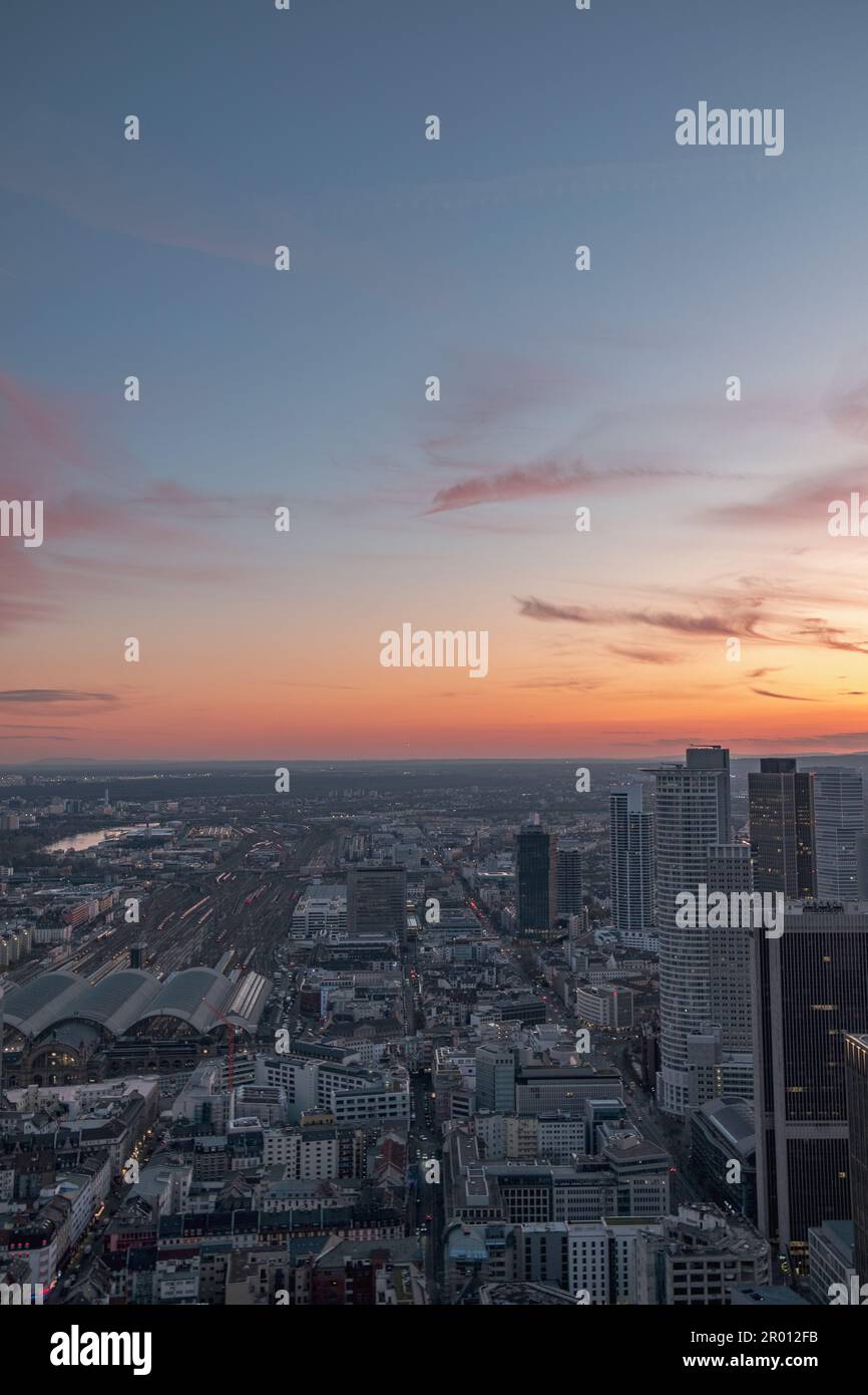 At dusk in the European city with the pink sunset and warm color. In Frankfurt Stock Photo