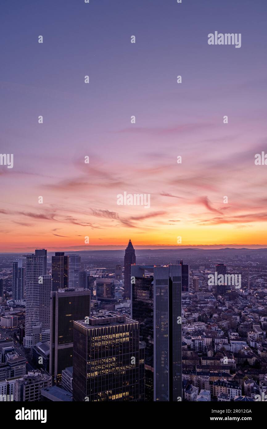 At dusk in the European city with the pink sunset and warm color. In Frankfurt Stock Photo