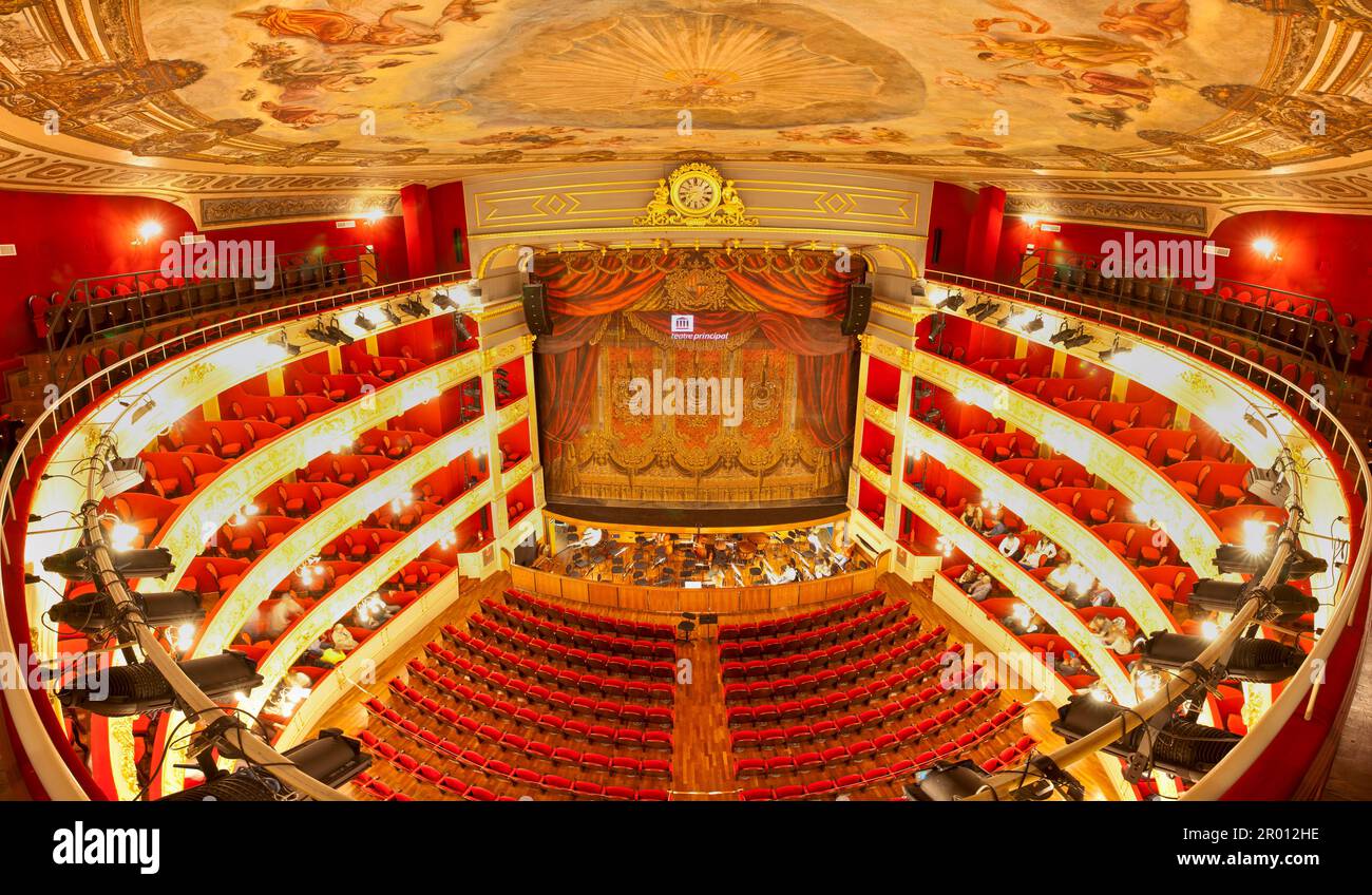 Teatro Principal, 1857. Integral view of the hall and stage, Teatre Principal, Palma de Mallorca. spain Stock Photo