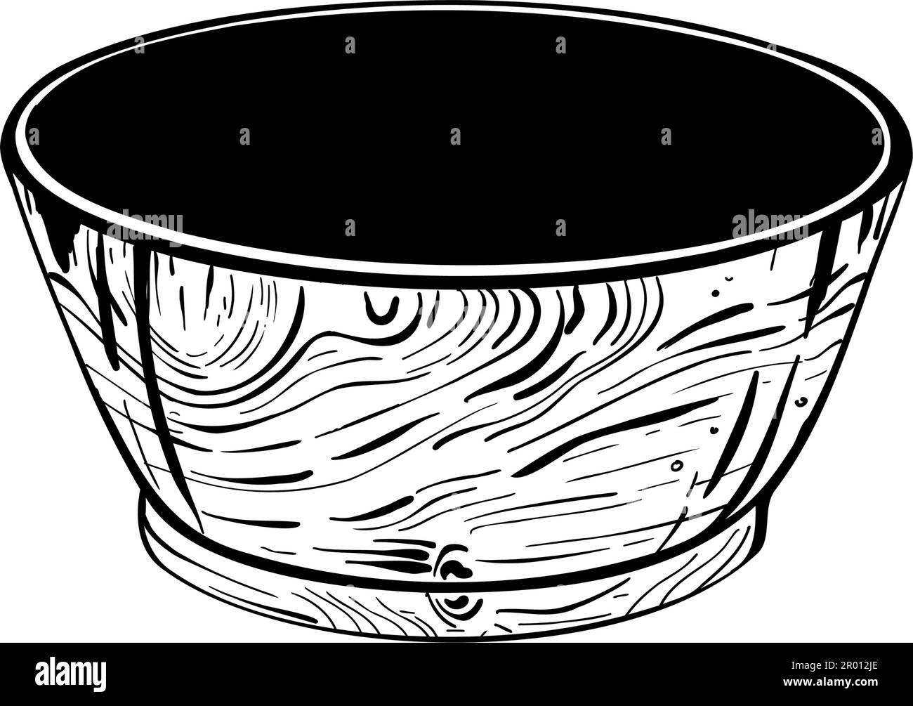 Vector illustration of empty wooden bowl. Black outline, graphic