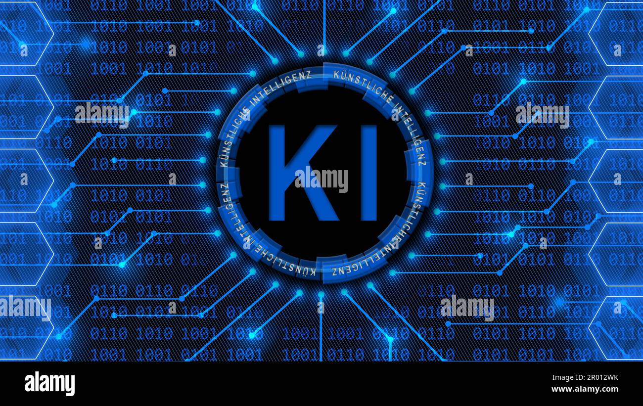 Artificial intelligence (in german Kuenstliche Intelligenz) KI lettering - abstract background of 4-digit binary code Stock Photo
