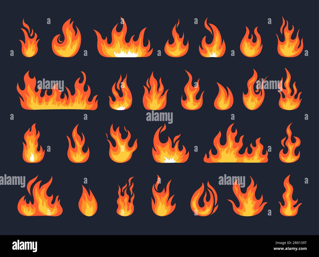 Flame set, fire burn. Fireball heat symbol, hell or hot red elements