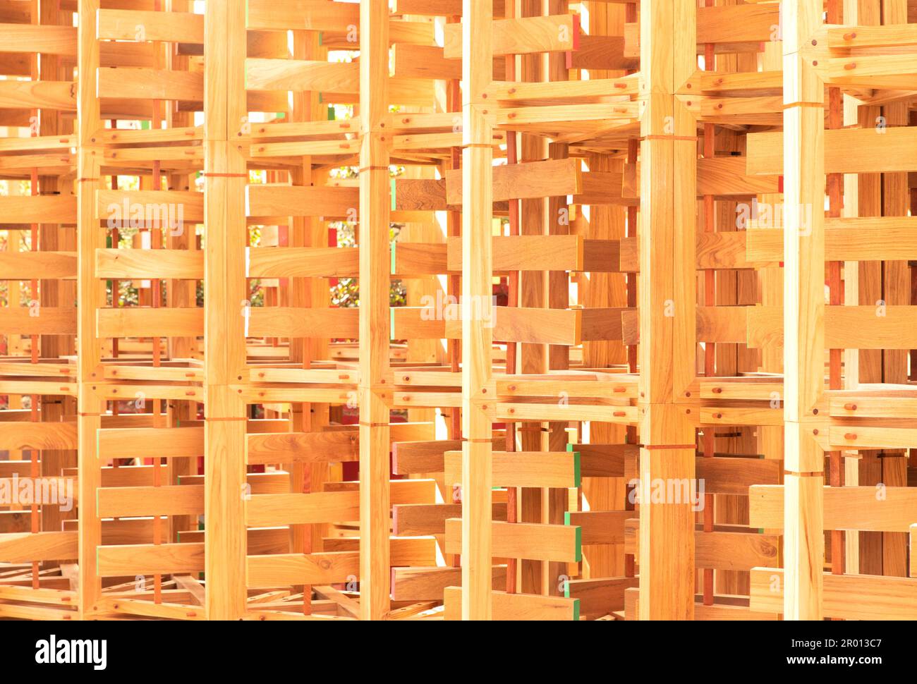 Construction details with teak wood, joints between elements. Wood