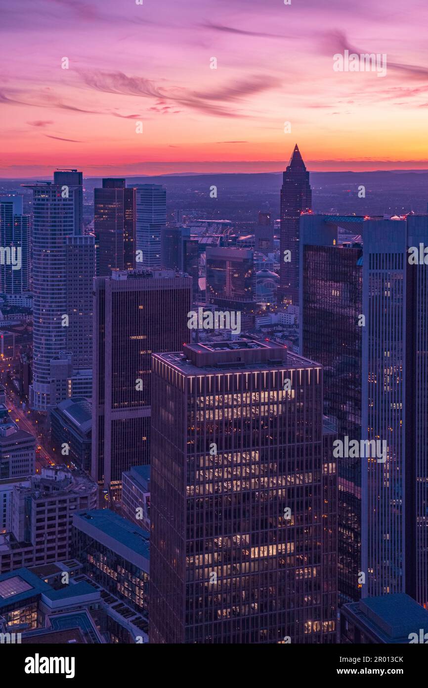 At dusk in the European city with the pink sunset and warm color. In Frankfurt Stock Photo