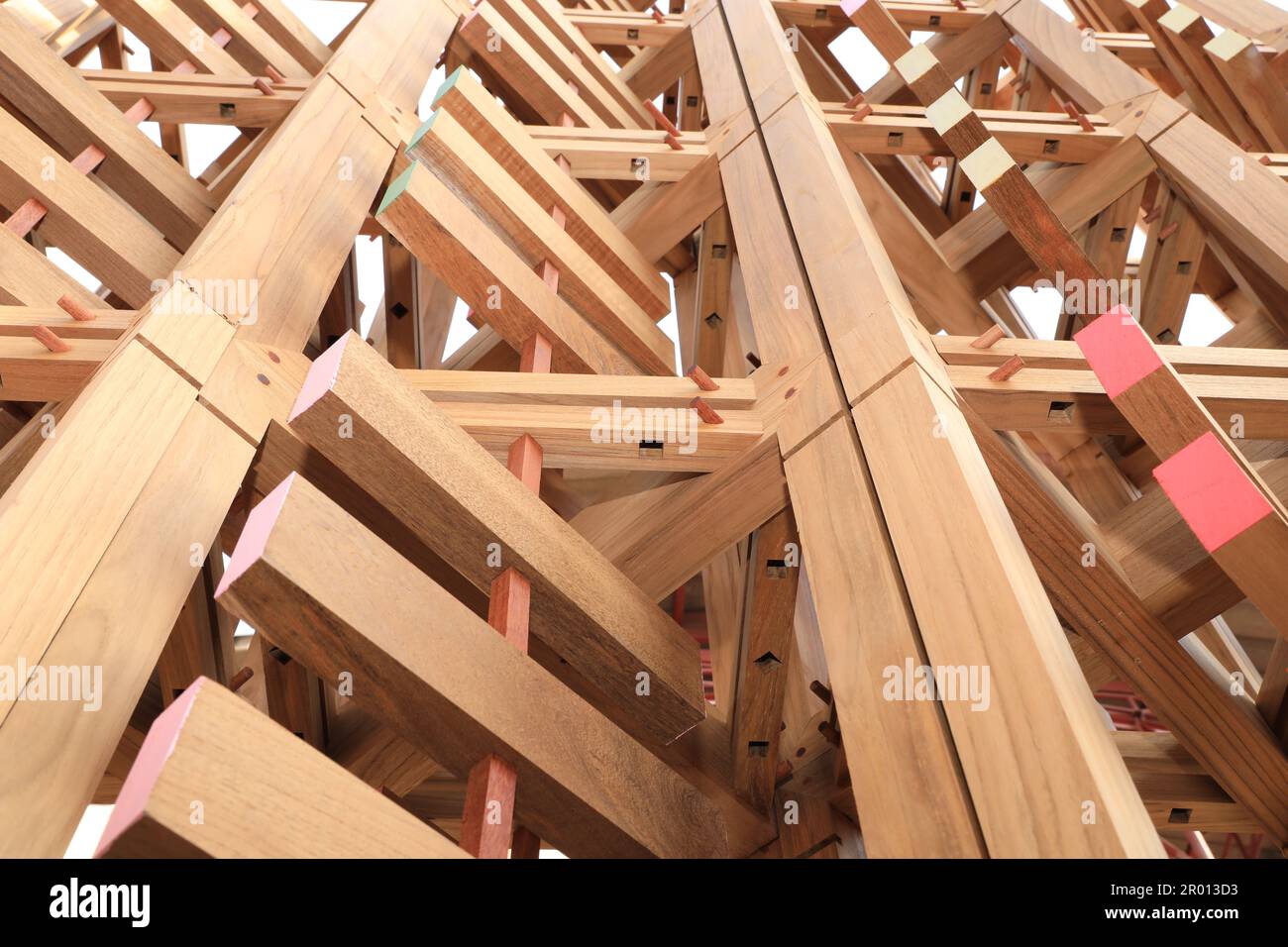 Construction details with teak wood, joints between elements. Wood