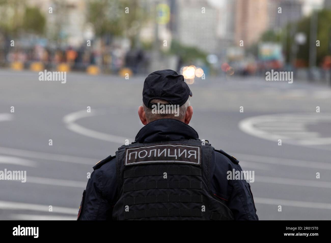 Moscow, Russia. 4th May, 2023. A police officer monitors law and order in the center of Moscow, Russia Stock Photo