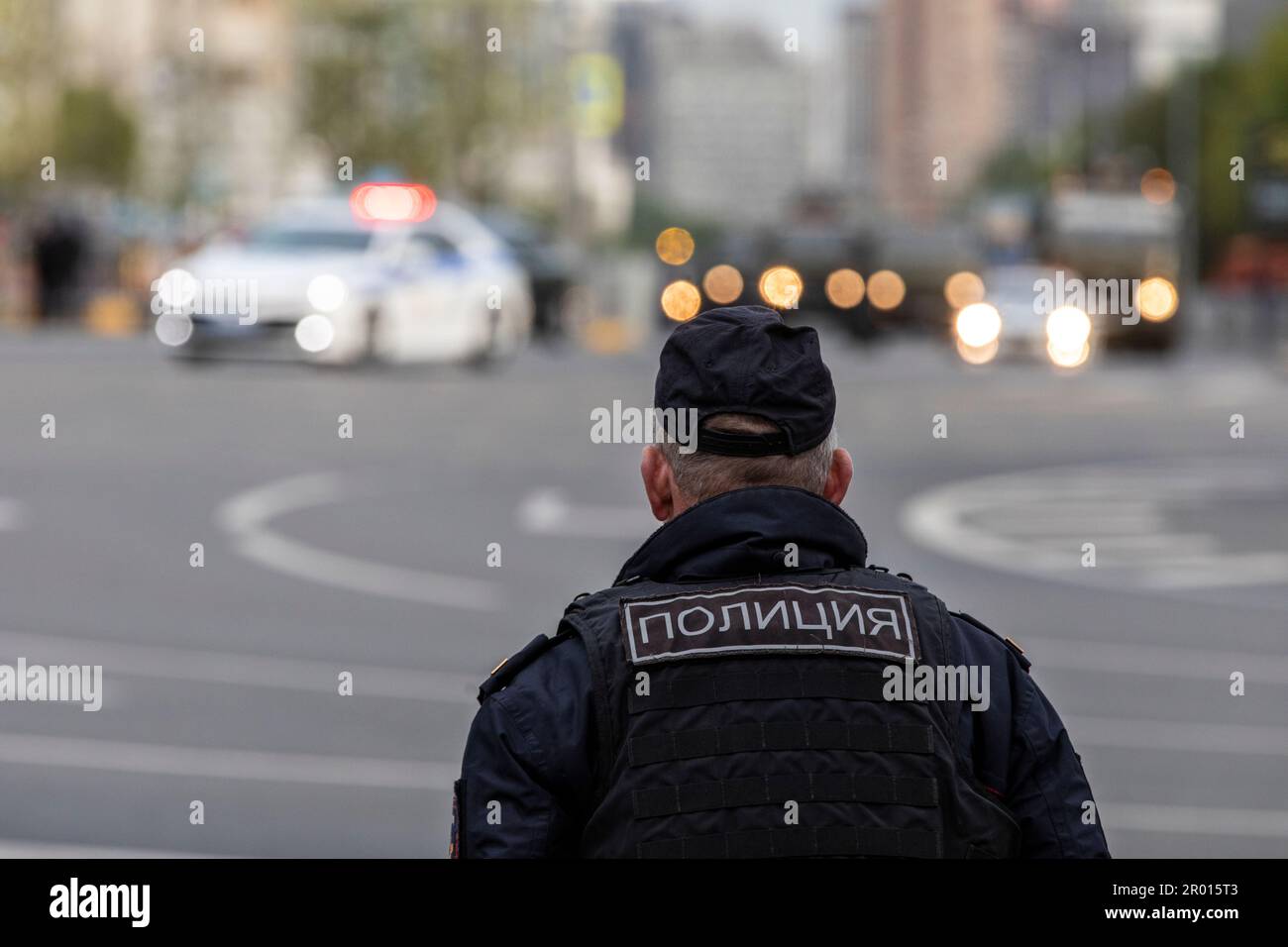 Moscow, Russia. 4th May, 2023. A police officer monitors law and order in the center of Moscow, Russia Stock Photo