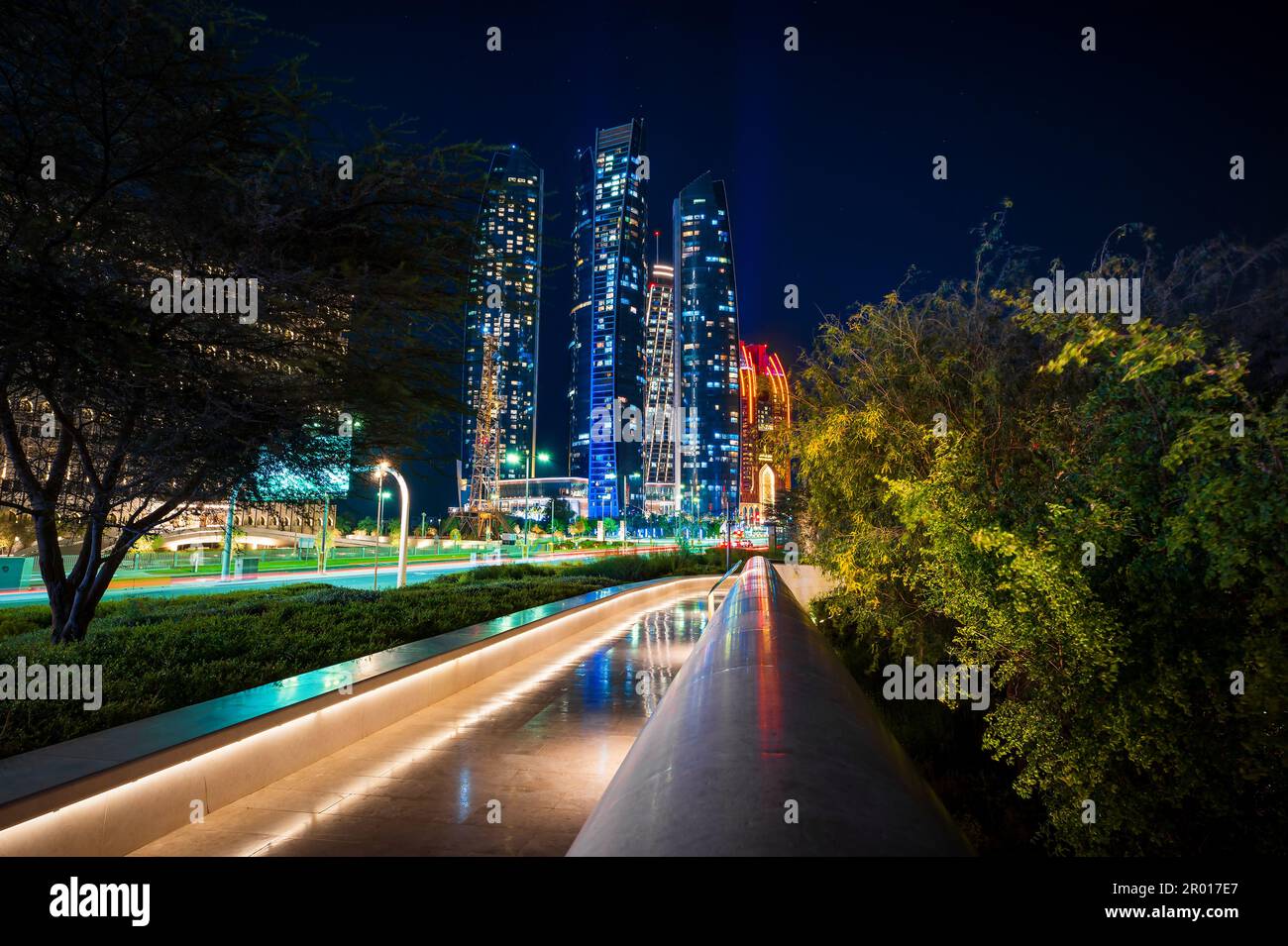 Abu Dhabi, United Arab Emirates - April 5, 2021: Abu Dhabi downtown skyline with iconic skyscrapers rising above corniche area in al Bateen, named Eti Stock Photo