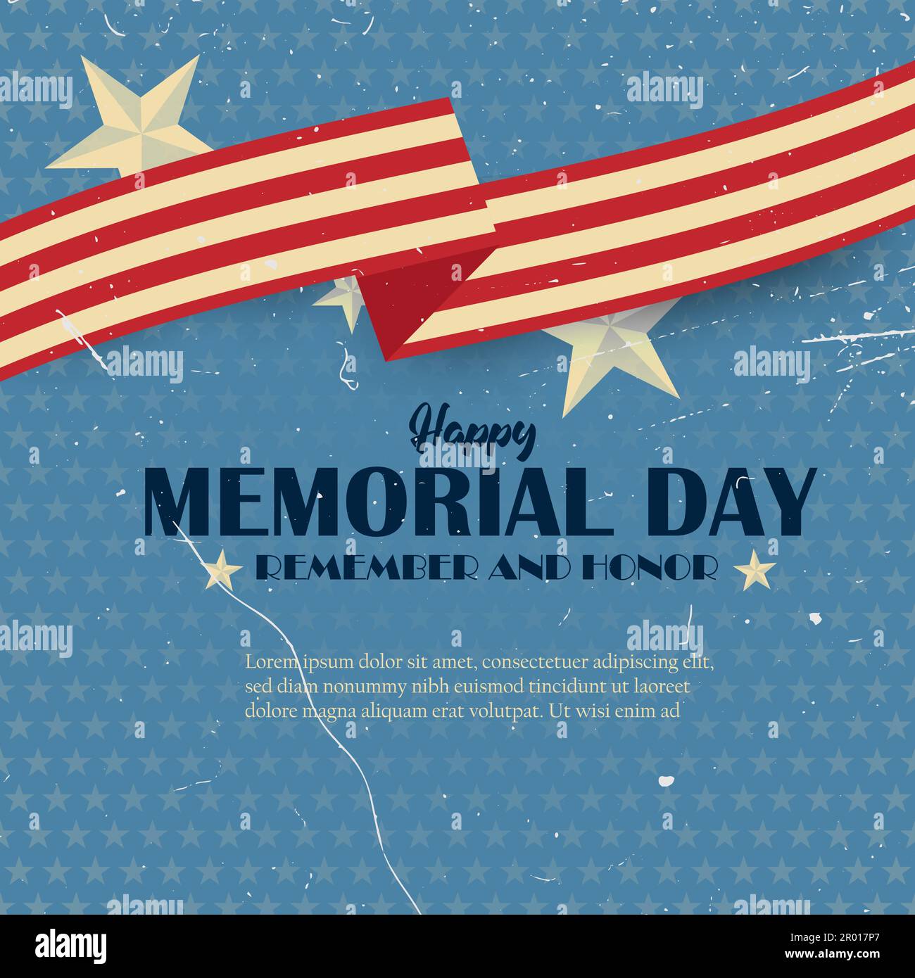 Memorial Day USA flag waving with stars in the background. Vintage