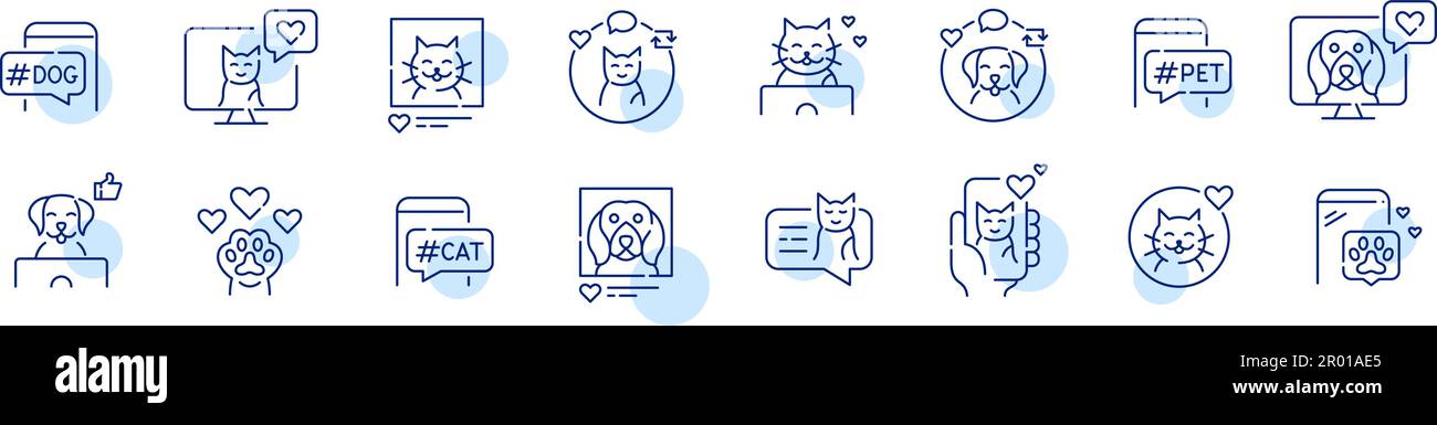 Pet social media presence. Cat and dog bloggers. Pixel perfect, editable stroke line icons set Stock Vector