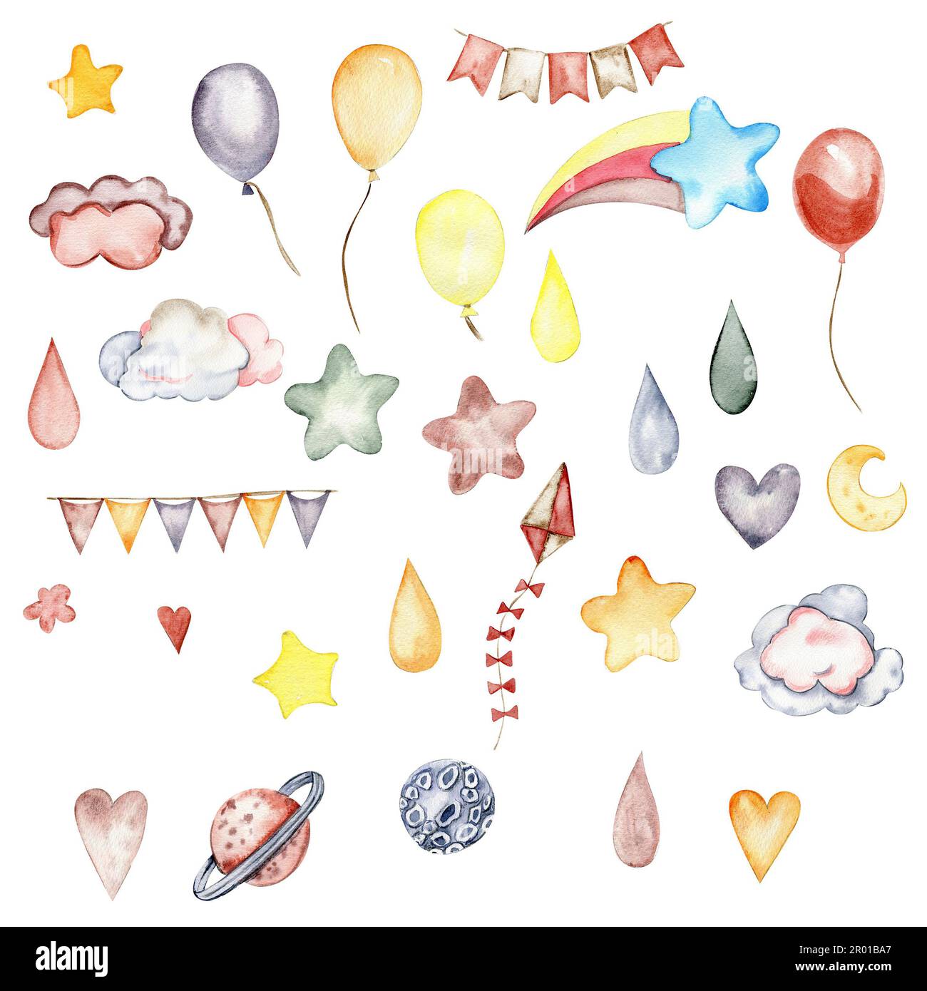 Watercolor hand painted cute party celebration elements. Illustration isolated on white background. Design for baby shower party, birthday, cake Stock Photo
