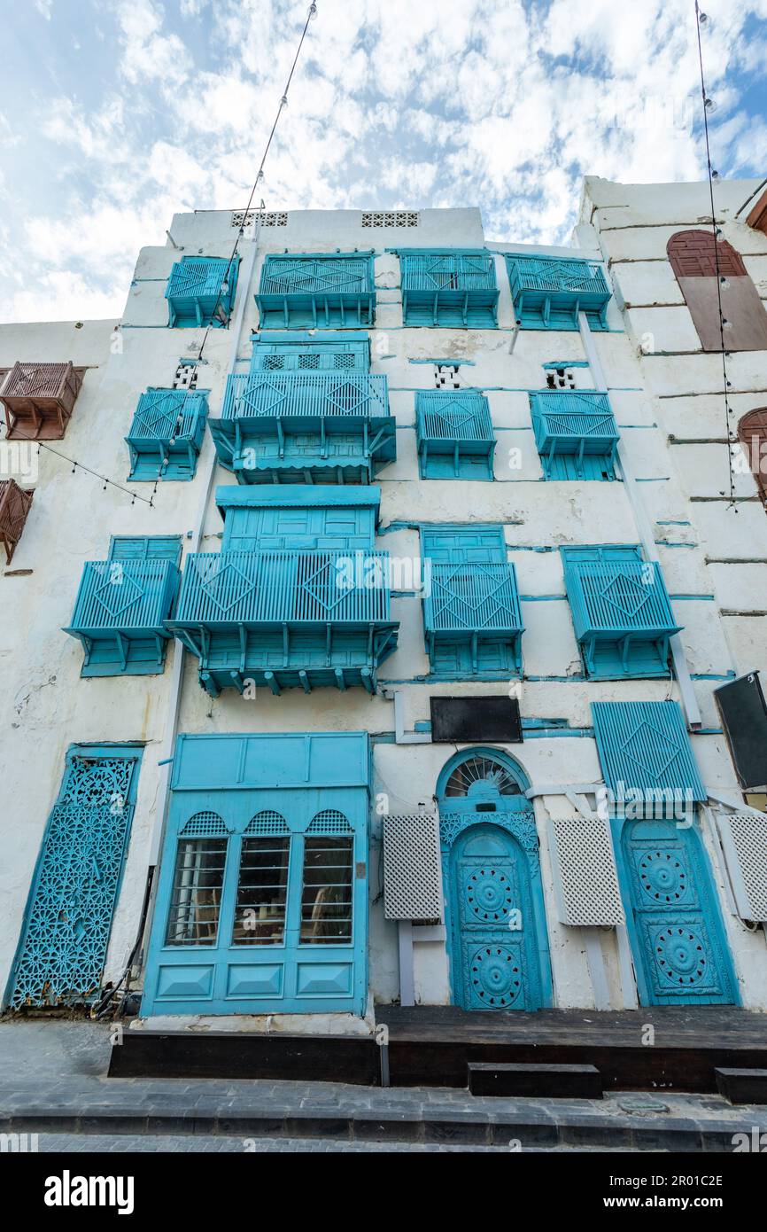 AlBalad old town with traditional muslim houses with blue windows and balconies, Jeddah, Saudi