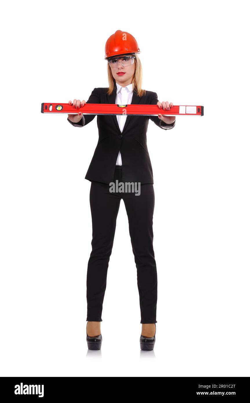 woman engineer with line level, isolated on white Stock Photo Alamy