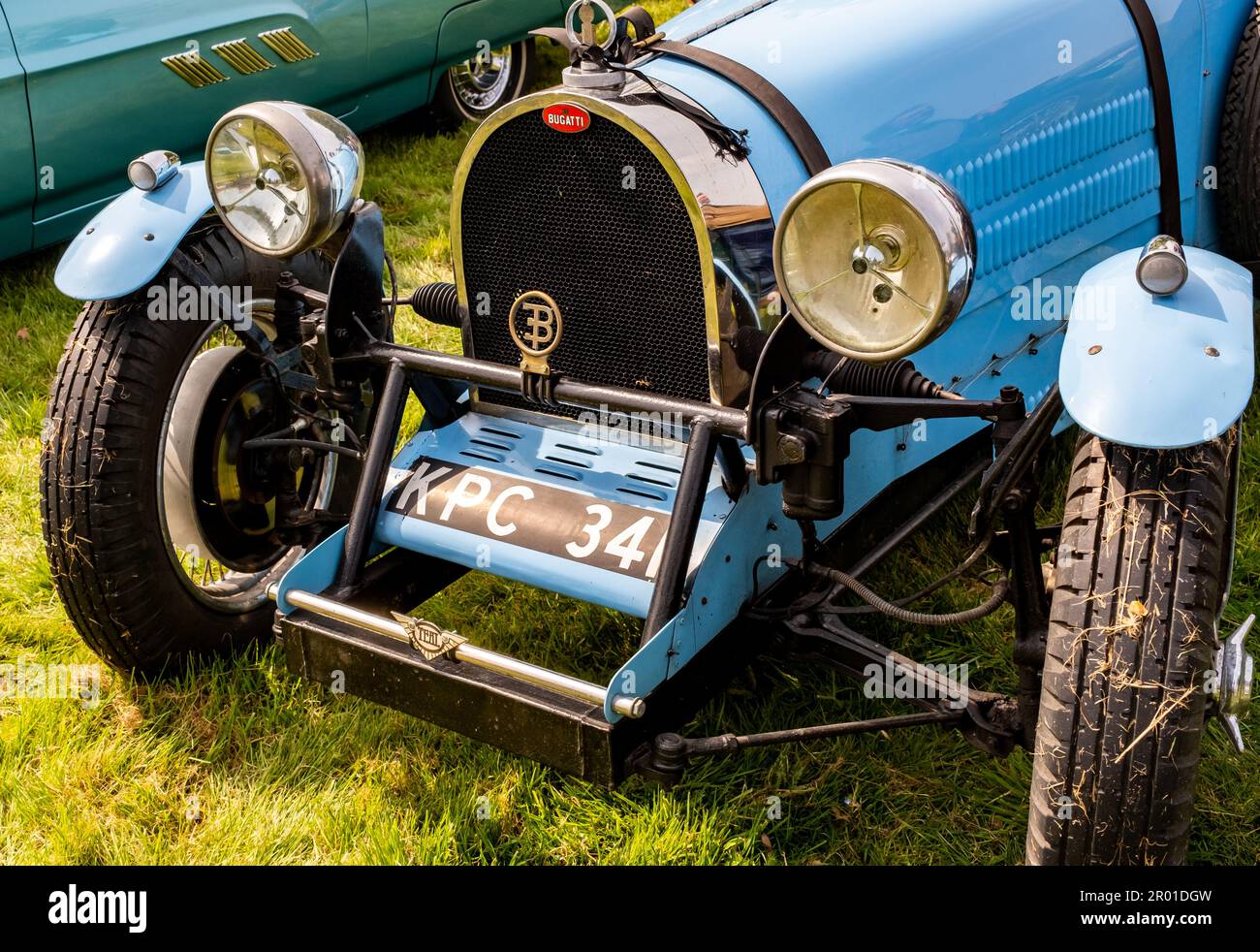 Earsham, Norfolk, UK – April 30 2023. Close up of the front end of a fully restored classic Bugatti sports car on display at a small and local outdoor Stock Photo