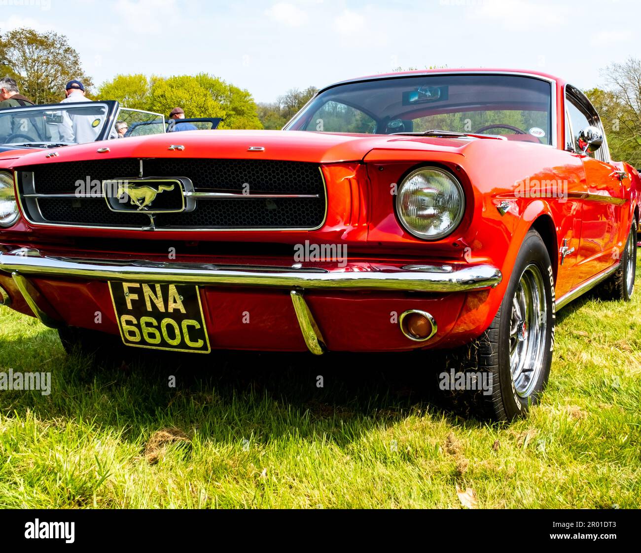 Earsham, Norfolk, UK – April 30 2023. Front end of a classic Ford Mustang muscle car on display at a small and local outdoor car show Stock Photo